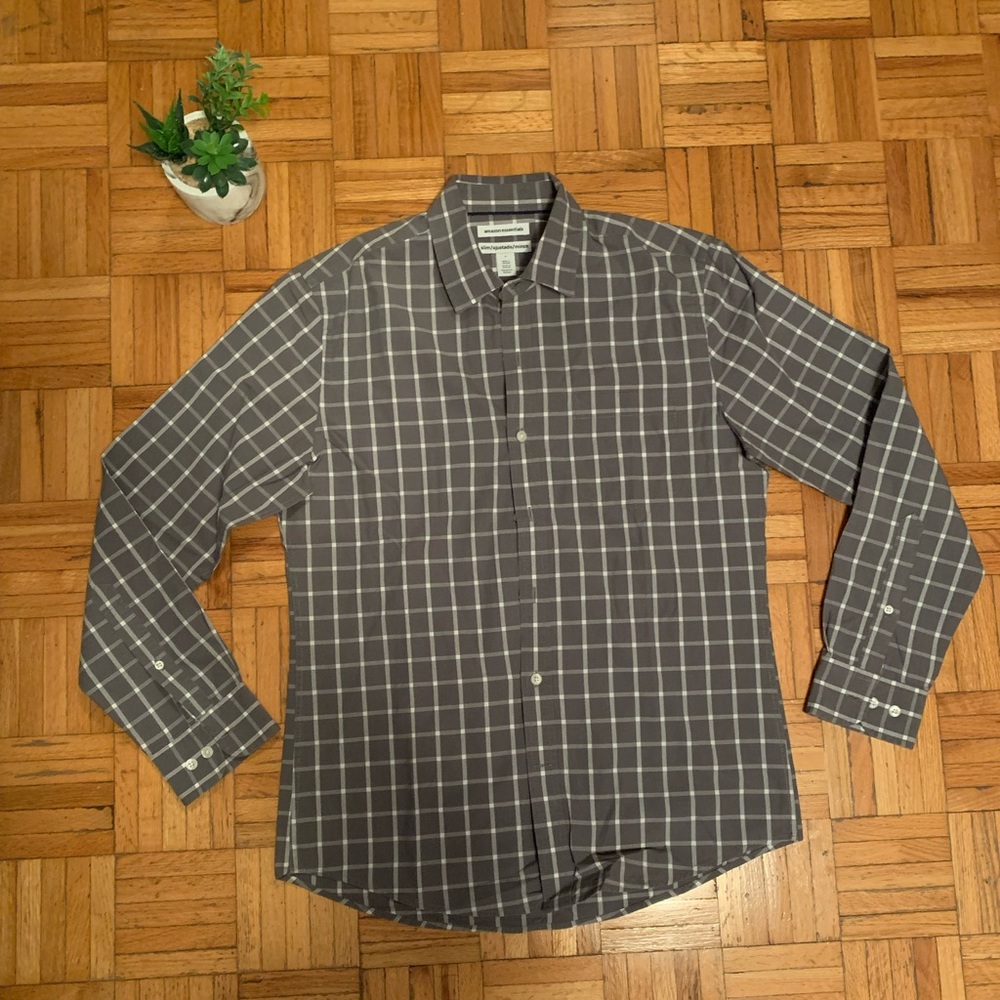 Amazon Essentials Grey and White Windowpane Grid Plaid Dress Shirt Slim Fit